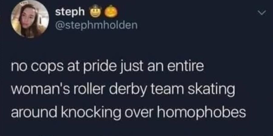 Steph writes: no cops at pride,  just an entire women's roller derby team skating around knocking over homophobes