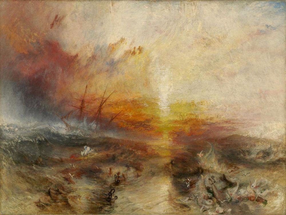 The Slave Ship (1840), J. M. W. Turner's representation of the mass killing of enslaved people, inspired by the Zong killings. Shows a slave ship, being tossed around in rough seas, as people who’ve been thrown overboard struggle in the waves, with a glaring sunset in the background. By J. M. W. Turner - Museum of Fine Arts, Boston, Public Domain, https://commons.wikimedia.org/w/index.php?curid=2816953
