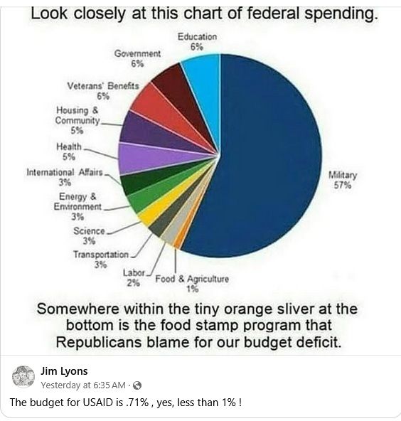 Look closely at the chart of federal spending.
Military 57%
Education 6%
Government 6%
Verterans' benefits 6%
Housing and Community 5%
Health 5%
IOnternational Affairs 3%
Energy & Environment 3%
Science 3%
Transportation 3%
Labor 2%
Food & Agriculture 1%

Somewhere within the tiny orange sliver at the bottom is the food stamp program that Republicans blame for our budge deficit.

Posted by Jim Lyons who added: The budge for USAID is .71%, yes, less than 1%!
