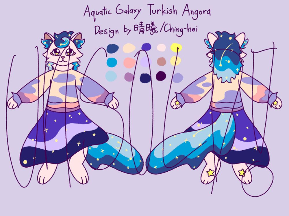 Aquatic Galaxy Turkish Angora
Used a lot of sky colors for this one and also some water colors for the hair and tail. 
There are little stars and things in the hair, dress, and tail.
The shirt is like a sunset with light clouds.
The cat is light pink.