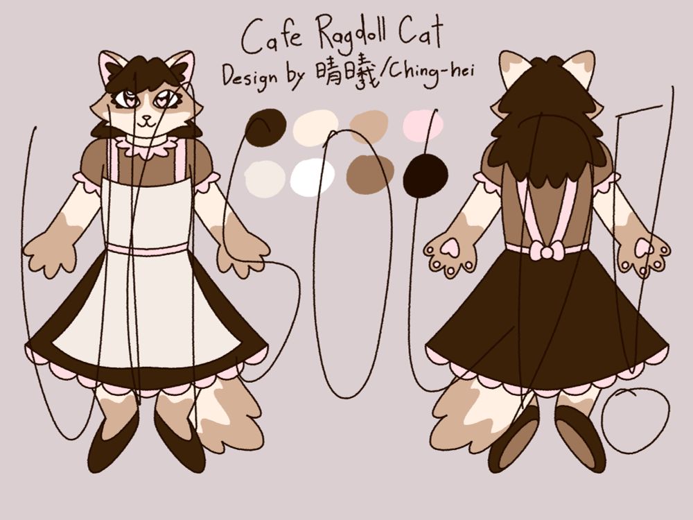 Cafe Ragdoll Cat
She is wearing a dress similar to that of a maid outfit but simpler. She is wearing and apron over it.
She is mostly brown with some pink aspects.