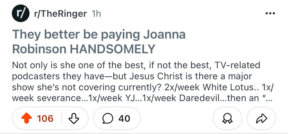 Screencap of Reddit post “They better be paying Joanna Robinson HANDSOMELY”