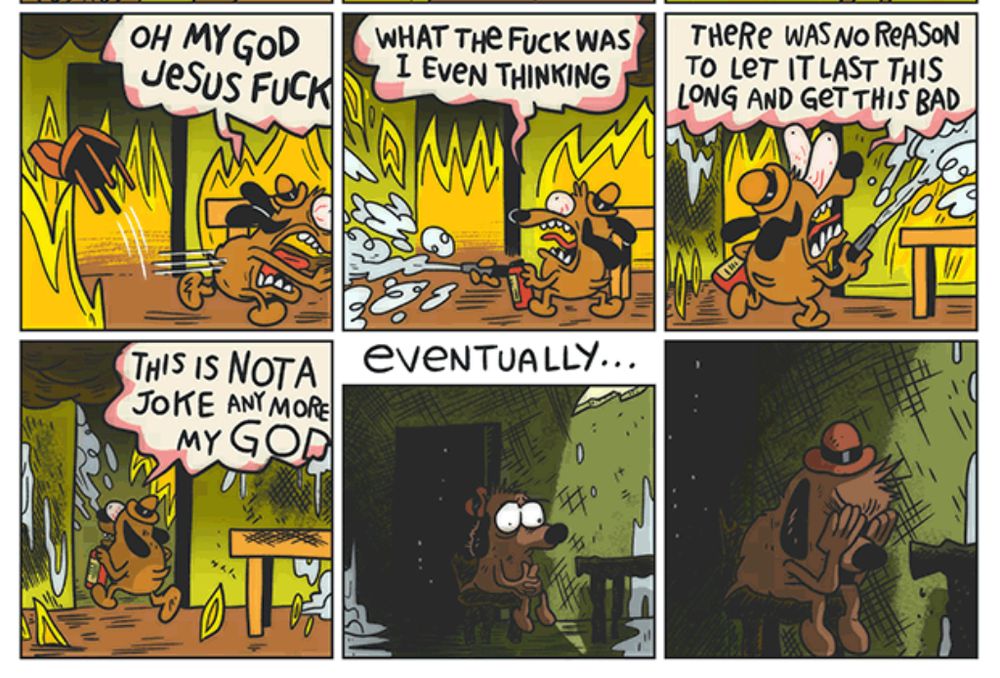 More "this is fine" comic panels of the dog panicking and trying to put out the fire around his house.