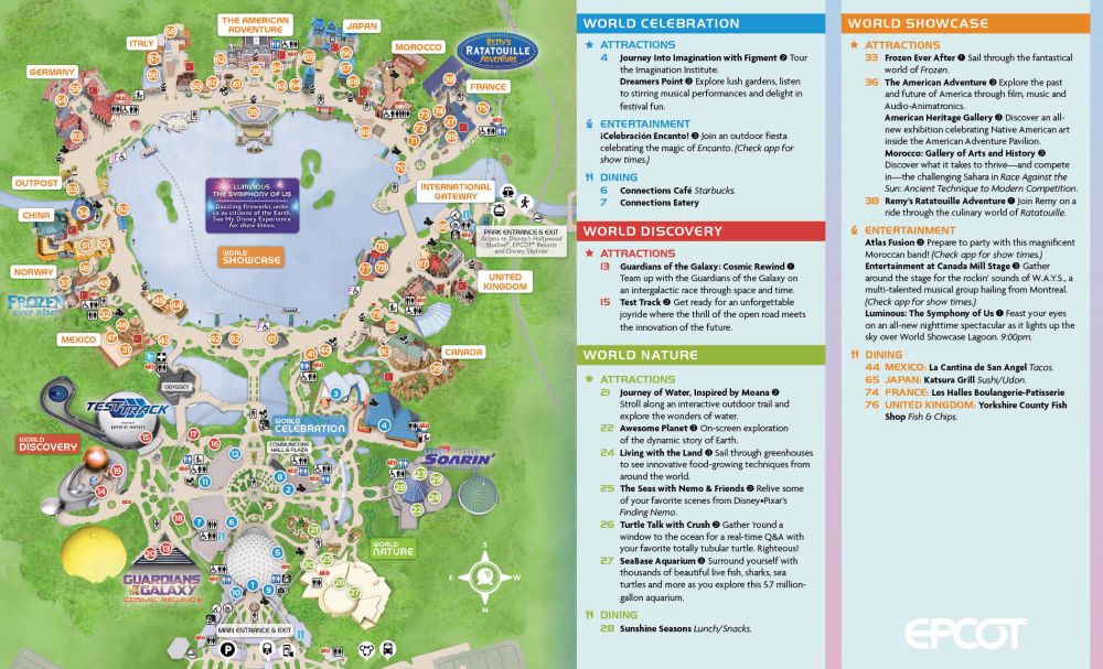 Abridged map of Epcot. On the left is a park map image, and on the right are lists of select attractions with their priorities and brief descriptions. 
