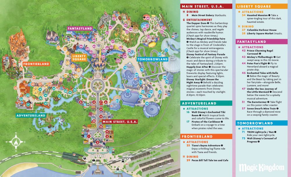 Abridged map of Magic Kingdom. On the left is a park map image, and on the right are lists of select attractions with their priorities and brief descriptions. 