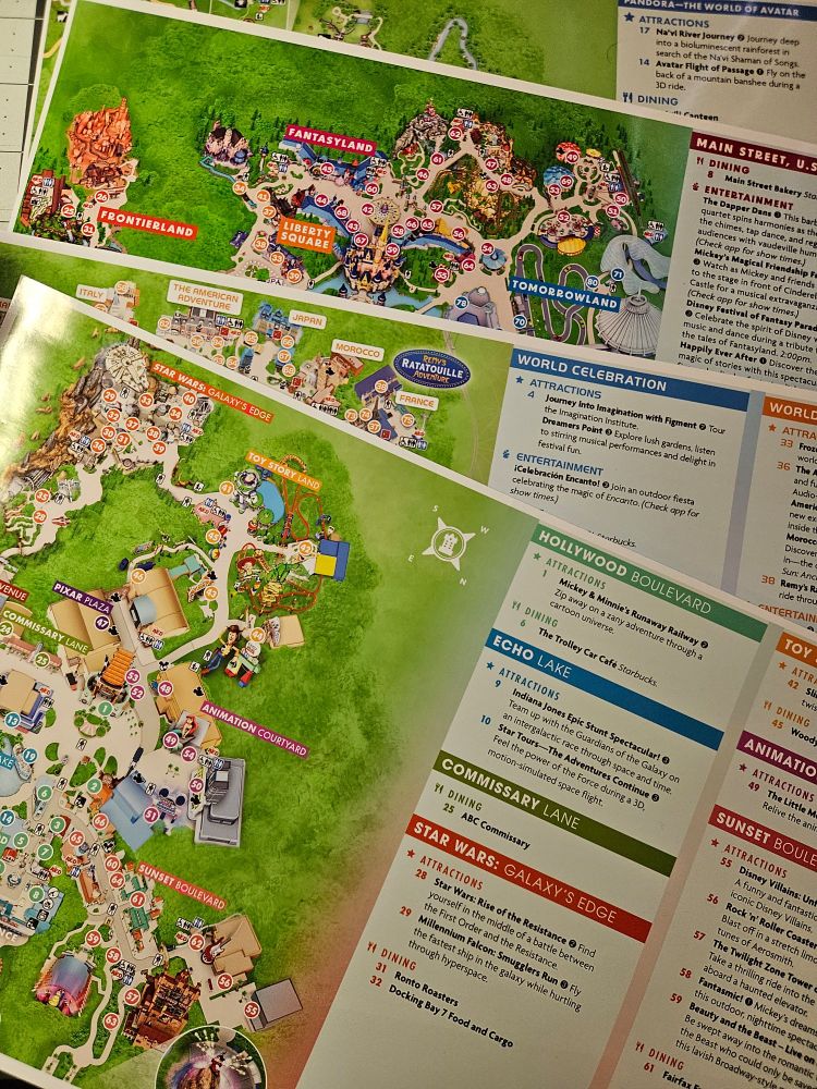 Abridged Disney World park maps overlapping on a desktop 