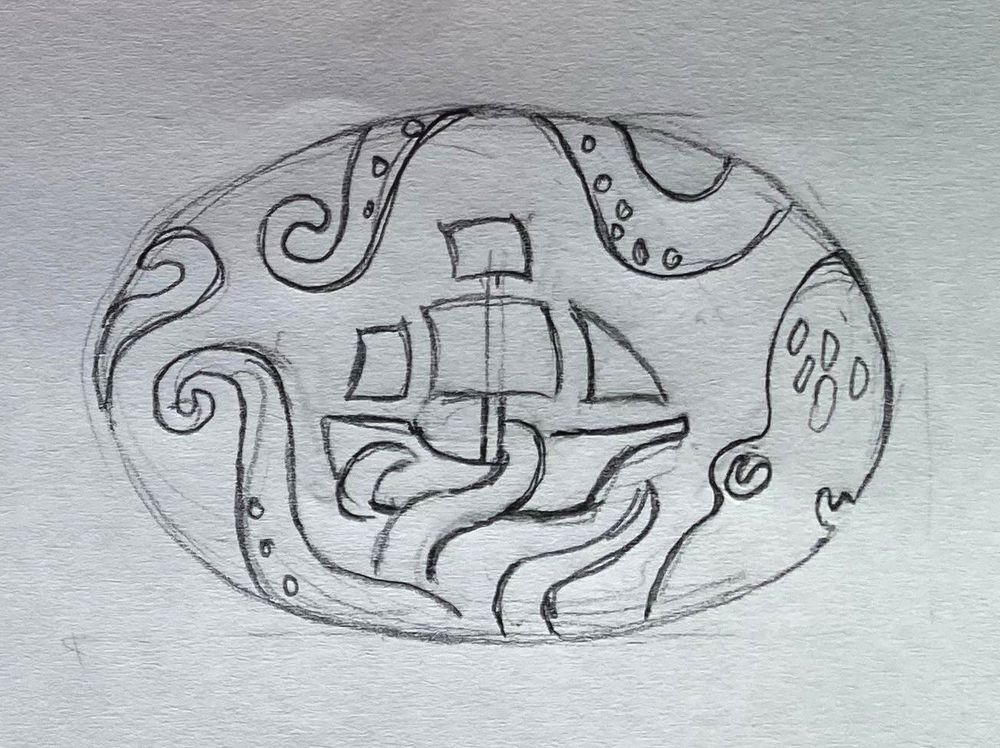 Náčrt chobotnice, která má v chapadlech loď. /Quick sketch of octopus holding a ship in its arms./