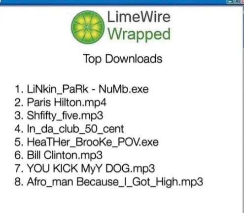 LimeWire Wrapped

Top Downloads

1. LiNkin_PaRk - NuMb.exe

2. Paris Hilton.mp4

3. Shfifty_five.mp3

4. In_da_club_50_cent

5. HeaTHer_BrooKe_POV.exe

6. Bill Clinton.mp3

7. YOU KICK MyY DOG.mp3

8. Afro_man Because_I_Got_High.mp3