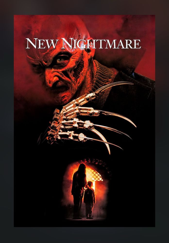 Movie poster- Freddy Krueger looms large and menacing with his claw on full display. Below him in the darkness two figures, Heather and her son Dylan, stand silhouetted by the glowing fire of a furnace. 
WES CRAVEN’S NEW NIGHTMARE 
