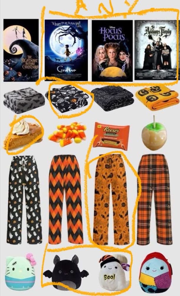 Spooky selection for night in- Any movie out of Coraline, Hocus Pocus or Addams Family. The black blanket with skeletons, Pumpkin Pie for snack, the orange and black Bats and Pumpkin PJ pants and Both the Bat and Ghost stuffy (I will not chose) 
