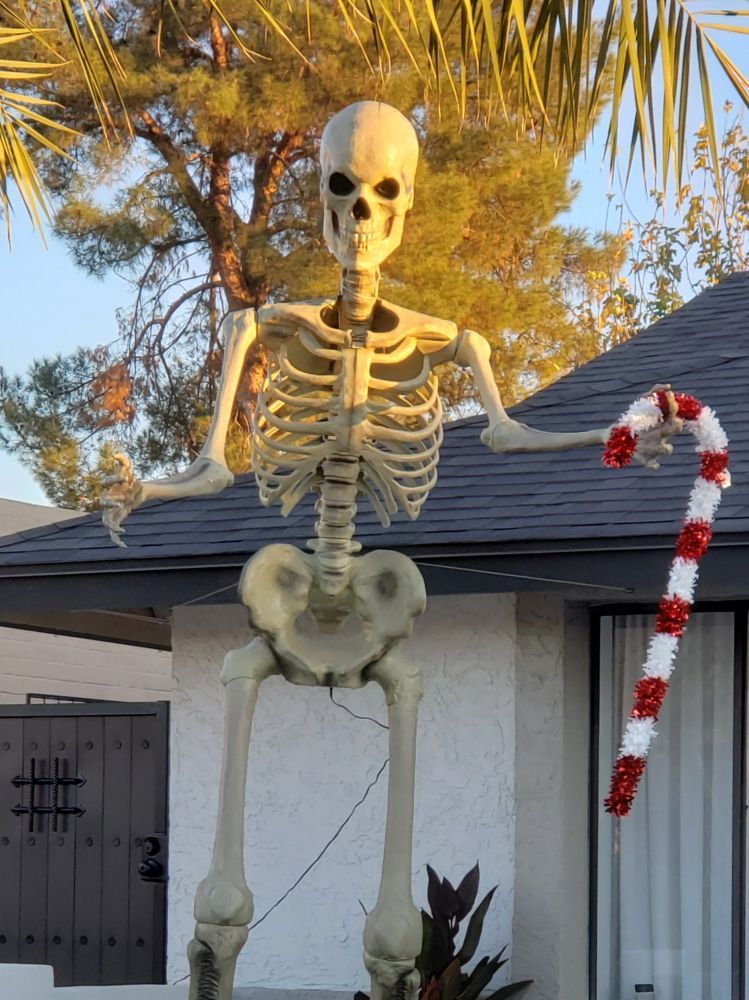 A giant (taller than the single story house in the background) decorative skeleton holding a candy cane