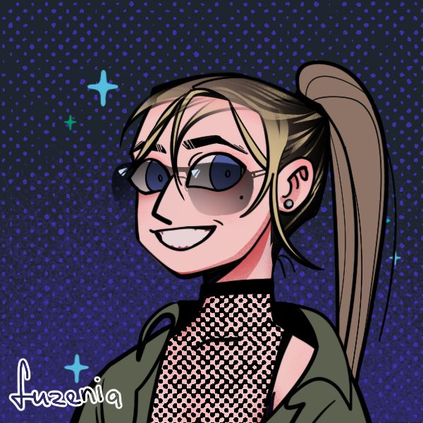 Cartoon style image of a smiling woman with a ponytail wearing sunglasses