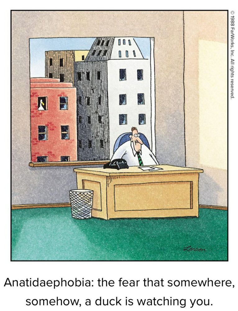 Gary Larson's The Far Side single-panel comic from 1988 showing a wide-eyed man sitting at a desk with his back to a window. A duck is staring at him from the window of another building behind him. The caption reads, "Anatidaephobia: the fear that somewhere, somehow, a duck is watching you."