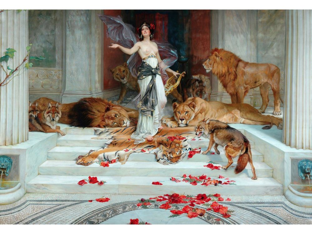 Circe, Wright Barker, 1889.
A painting of the nymph Circe. She is wearing a dress that reveals her breasts, she is holding a lyre, and surrounded by animals.