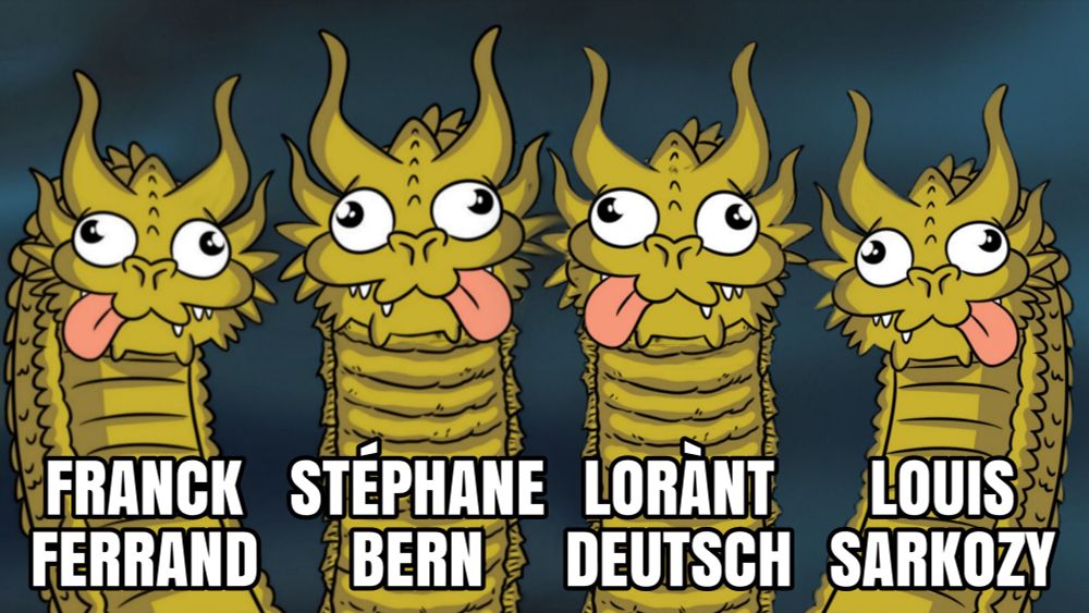Adaptation du meme du dragon à trois têtes. Ici il a 4 têtes d'abruti et ces têtes sont nommées de gauche à droite : Franck Ferrand, Stéphane Bern, Lorànt Deutsch et Louis Sarkozy.