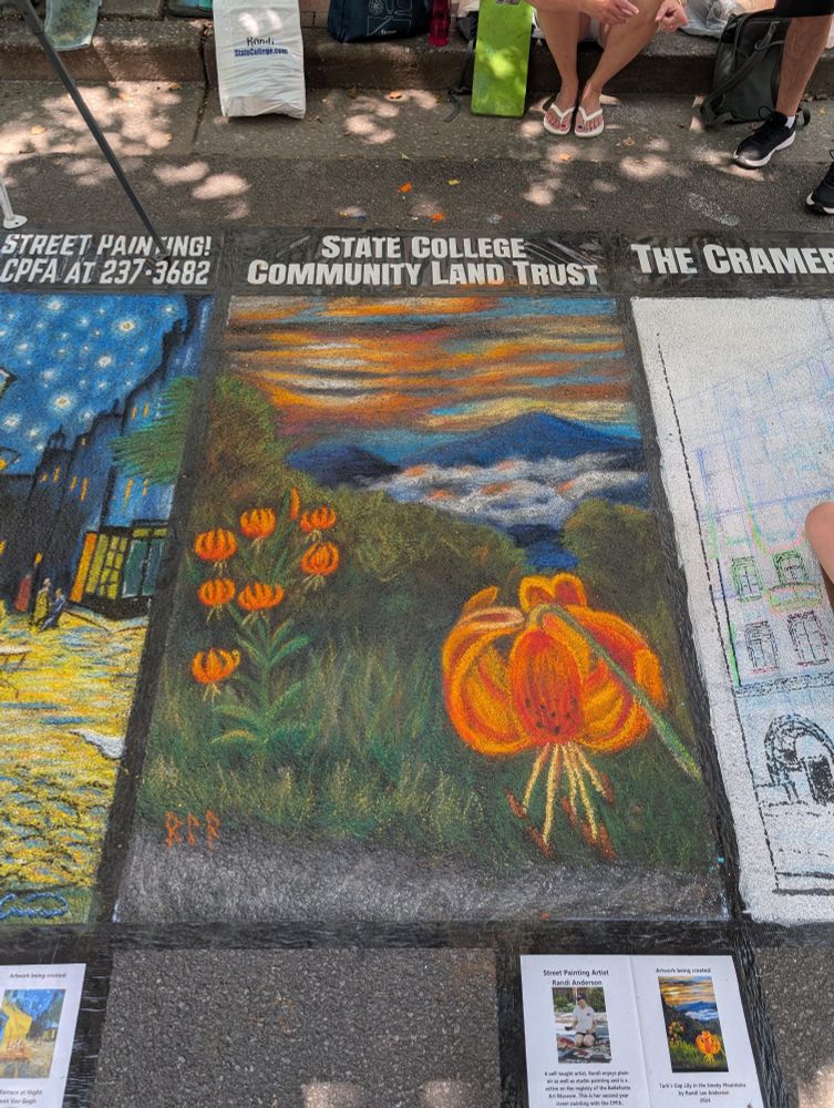A large 4 foot by 6 foot chalk painting on asphalt, featuring an orange lily in the foreground with mountains, mist, and a sunset in the background.