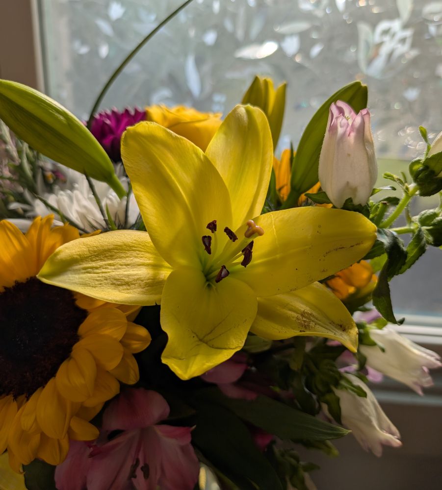 A large yellow lily in a floral arrangement.