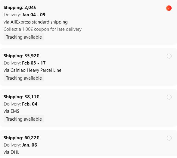 List of four shipping options. The first is 2€ and delivers between January 4 and 9, the second is 36€ and delivers between February 3 and 17, the third is 38€ and delivers February 4, the fourth is 60€ and delivers January 6.