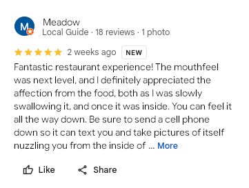 a google review from "Meadow" with the following text:

"Fantastic restaurant experience! The mouthfeel was next level, and I definitely appreciated the affection from the food, both as I was slowly swallowing it, and once it was inside. You can feel it all the way down. Be sure to send a cell phone down so it can text you and take pictures of itself nuzzling you from the inside of ... MORE"