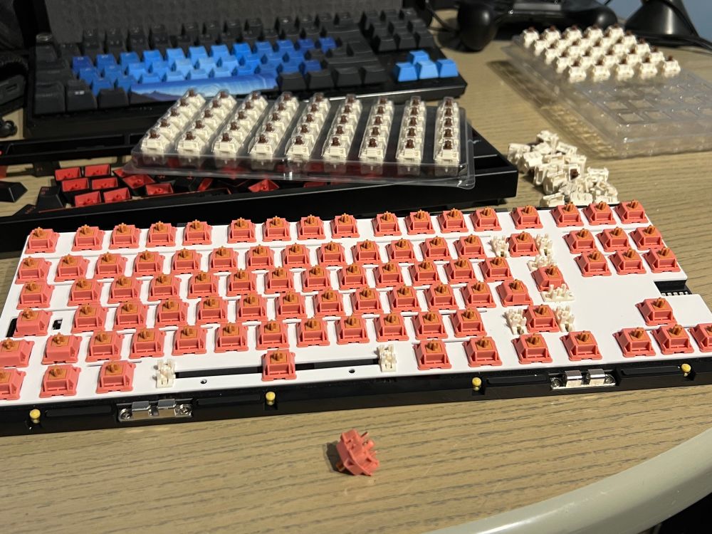A partially assembled mechanical keyboard is displayed on a wooden table. It features a white plate with pink keyboard switches installed, alongside additional switches and keycaps in various colors scattered around. In the background, other keyboards and components are visible.