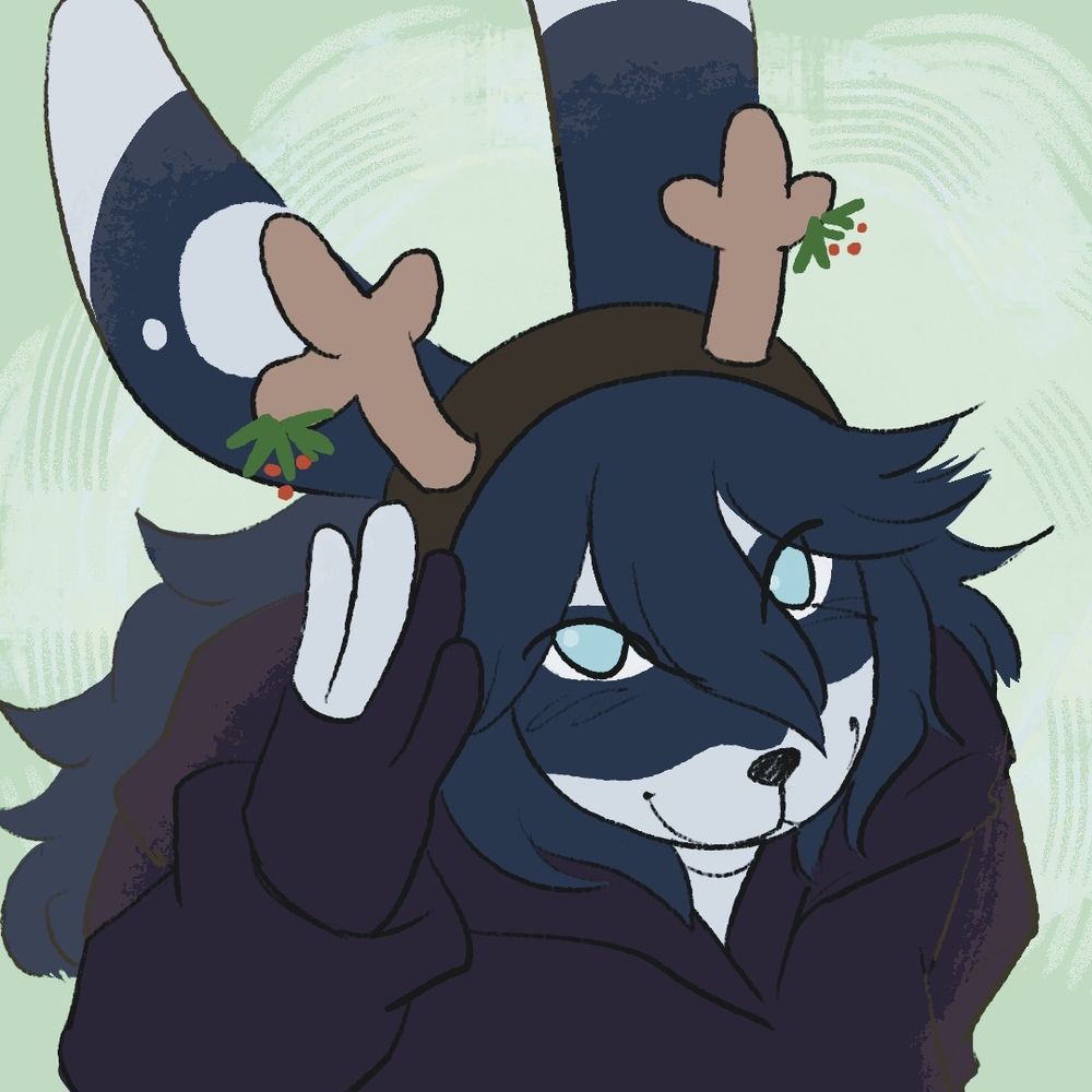 A digitally drawn illustration, also an icon for a friend! This is featuring one of their sonas, Zoe! They are a black and white anthro bunny. They have a headband on their head with antlers and mistletoe!