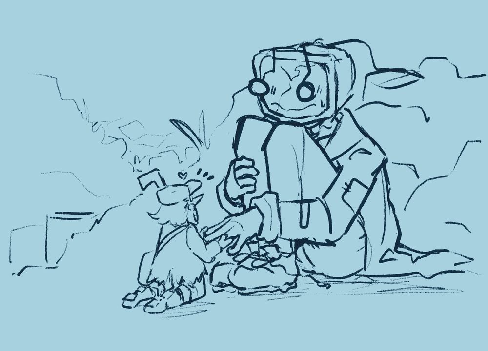 Versions of Tenna and Spamton from Deltarune where they live in a trash heap. Spamton gets down on his knees to hold Tenna's hand. Tenna's antennas droop as he's not in the greatest mood. Spam tries to cheer him up! Based off of an image from Undertale where a TV, mailbox and game console are all beside each other in a trash heap. 