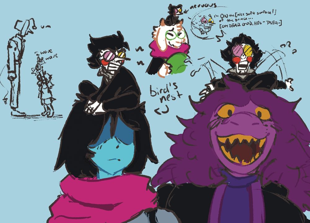 A collection of Deltarune doodles featuring Spamton on the heads of the Fun Gang (Kris, Susie, and Ralsei). The doodle of Ralsei and Spamton feature a little snippet of a nervous Spam, where he thinks to himself: "I'm ON the [nice soft surface!] of the prince... [OH DEAR GOD HEL- PLEA-]" In the top left corner is a doodle featuring Tenna, saying "um," while looking down at a waving Spamton that's held up by Susie. 
