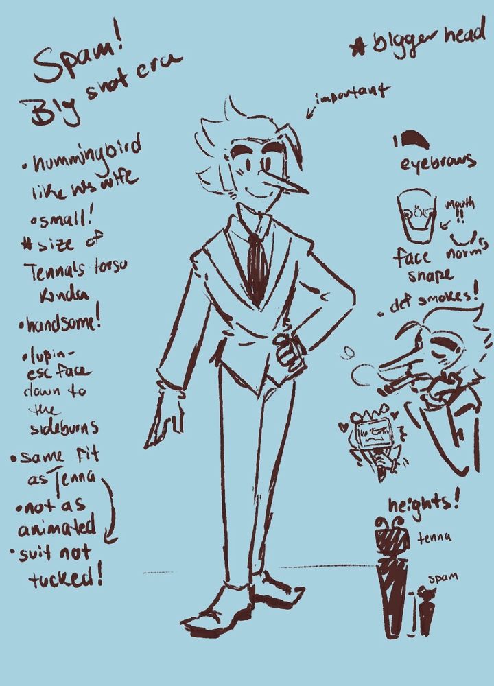 A style guide featuring Spamton G Spamton, a character from Deltarune! This is a strictly fan-created design, based off of glimpses of his pre-corrupted form we've seen throughout the game. It is dubbed the "Big Shot era" Spamton!! Or Spam, for short, as written in the top left. All notes along the sides of the main doodle are to assist me with staying on style for an animatic!! 
