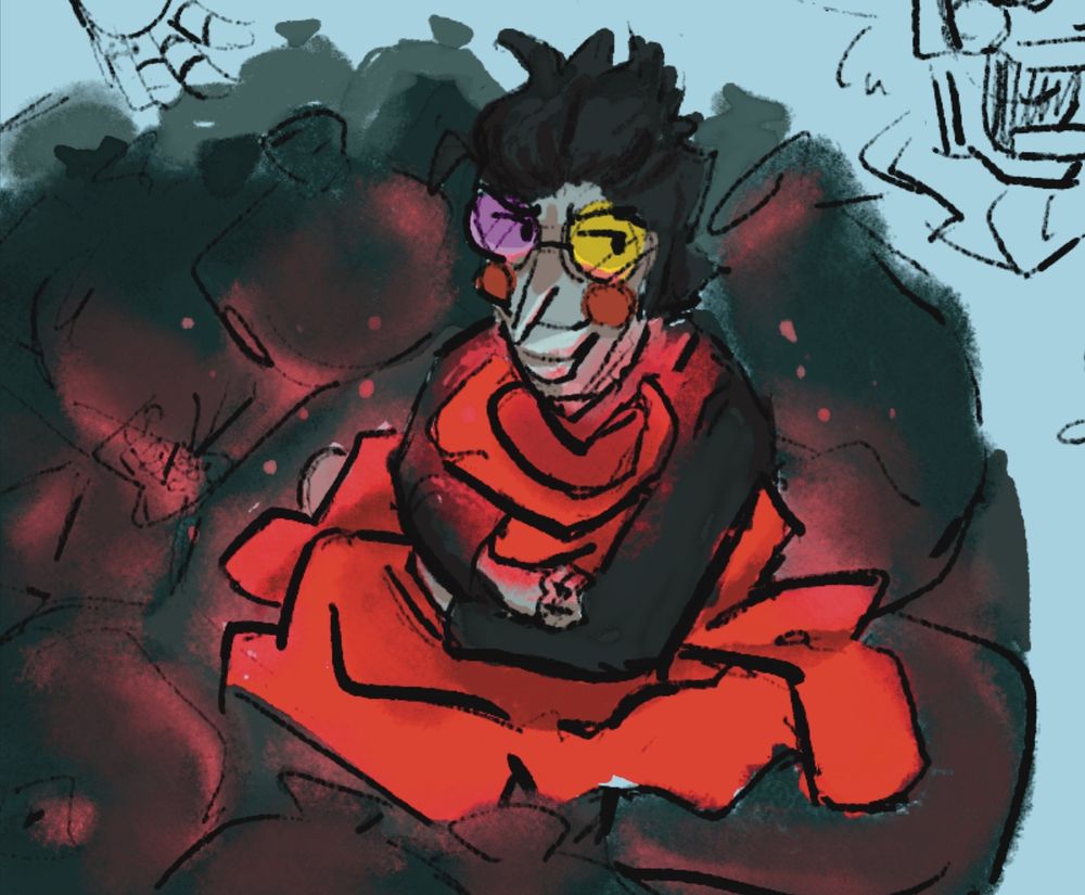 A messy doodle of Spamton clinging onto a bright red jacket. It emits its own light and particles, lighting onto Spamton and the surrounding trash bags. A small, vaguely designed photo of a familiar TV and a smaller, younger version of Spam lie against one of the bags. 