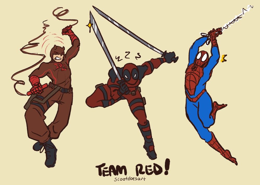 A handful of doodles featuring Daredevil on the left, Deadpool in the middle, and Spider-Man on the right! All 3 are in fun action poses. 