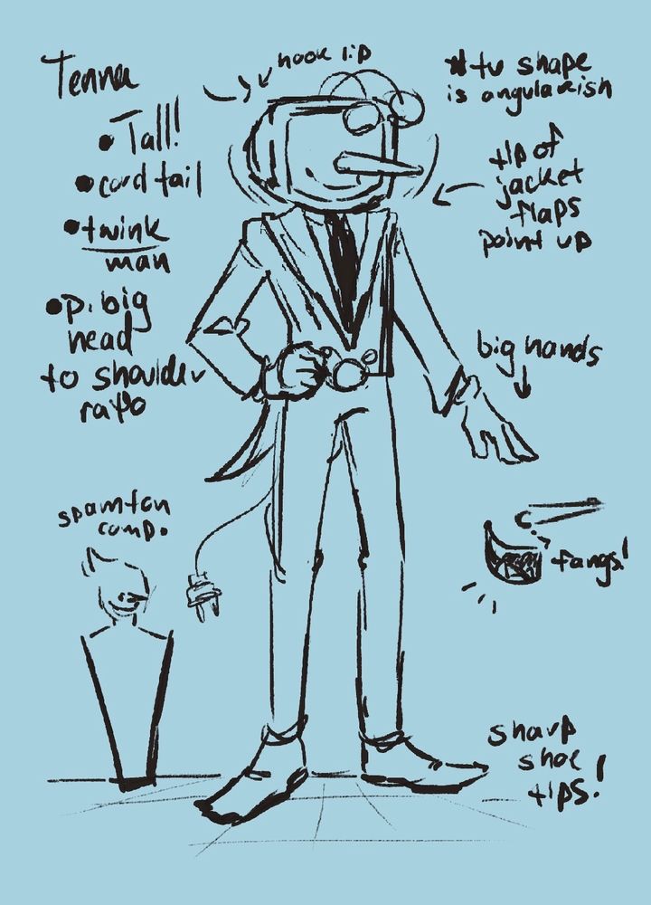 A style guide featuring (Ant)Tenna from Deltarune! All notes on the side are to assist me with keeping him on a specific style for when I create an animatic!! 