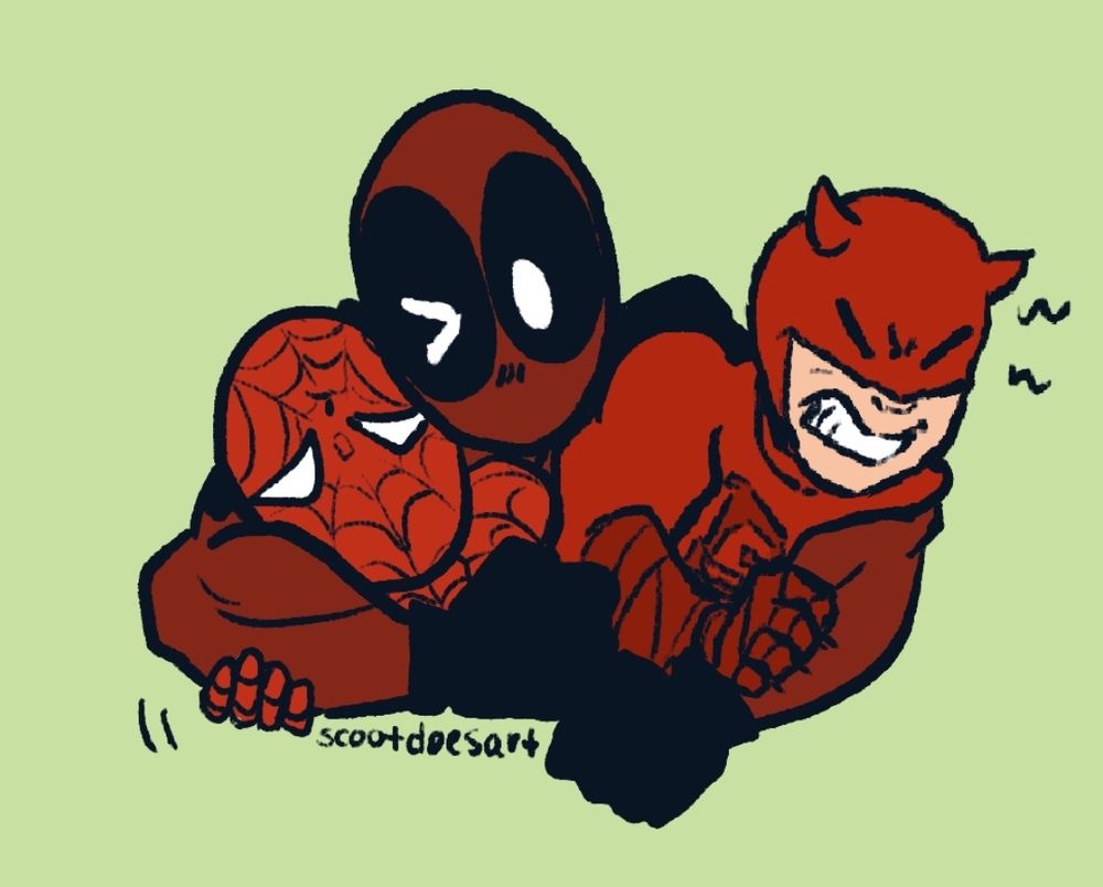A doodle featuring Deadpool giving a big ol' hug to his team red besties!! Featuring Spider-Man on the bottom left, Deadpool in the middle, and Daredevil on the right! Daredevil is struggling to get out of Deadpool's hug, while Spidey seems to have given up.. 