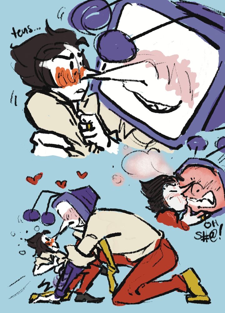 Various messy doodles featuring Spamton and Tenna, particularly from their Big Shot Eras!! The top doodle features a pursuing Tenna, looking over Spamton as he digs his nails into Spam's arm. Spamton tightly holds his own shirt as he blushes, whispering, "tens..". Tens is a nickname for Tenna! The doodle below, to the right, has Spamton kissing Tenna, Tenna featuring a very bright pink and red screen and steam coming out of his vents!! Below is text that reads, "OH S#@!" He can't curse .. not entirely. The last doodle on the bottom sees Tenna pulling Spamton to him, demandingly. Their noses touch!! Scandalous... 