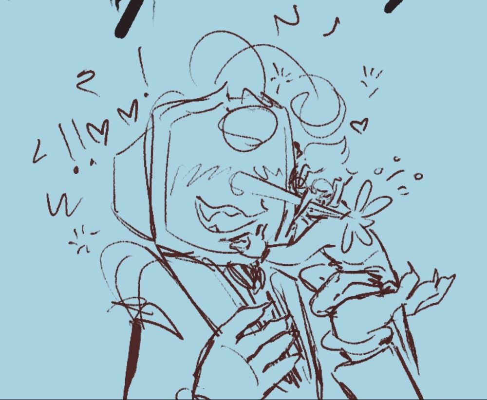 A small doodle of Spamton hugging Tenna's head, while crouching on Tenna's hand. Tenna is all static-y in response, with a flower blooming out of the tip of his nose.