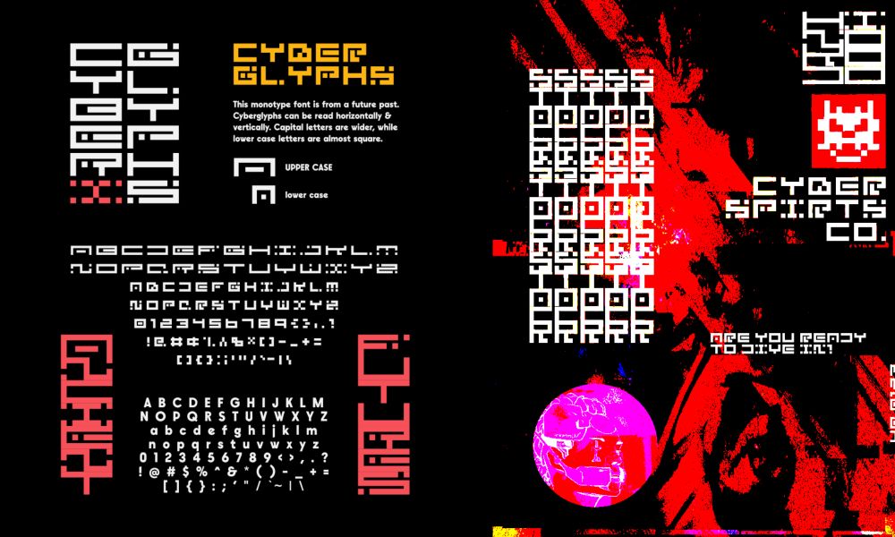 Cyberglyphs are great for a high tech cyberpunk setting/aesthetic. You can create some very interesting shapes if you play with leading/kerning!