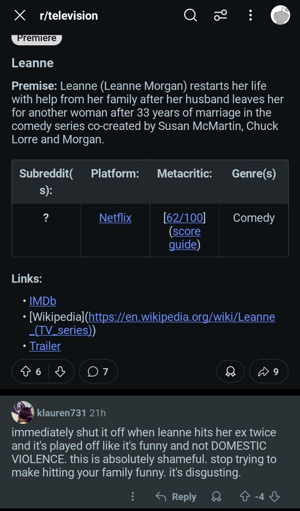 Four downvotes on Reddit of someone's comment pointing out domestic violence on Leanne. 