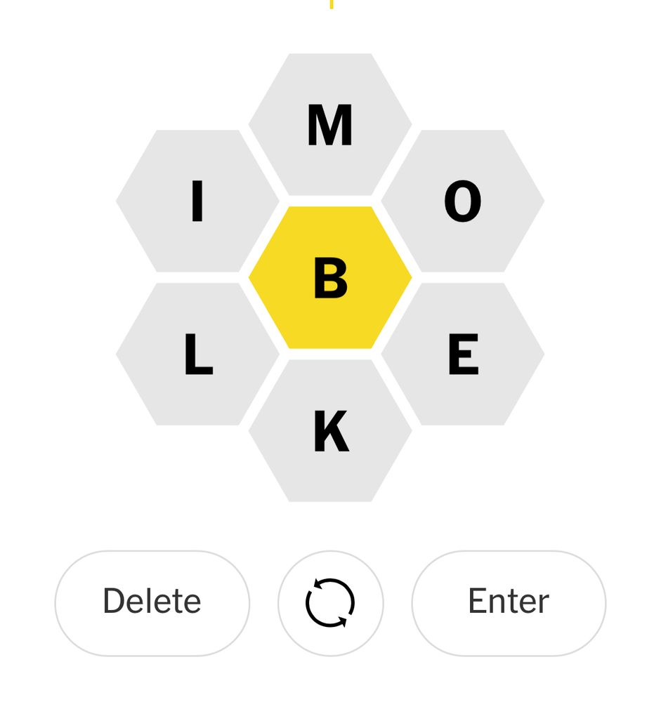 Image of the NYTimes Spelling Bee puzzle, with the letters (clockwise) M, O, E, K, L, I, and (in the center) B.