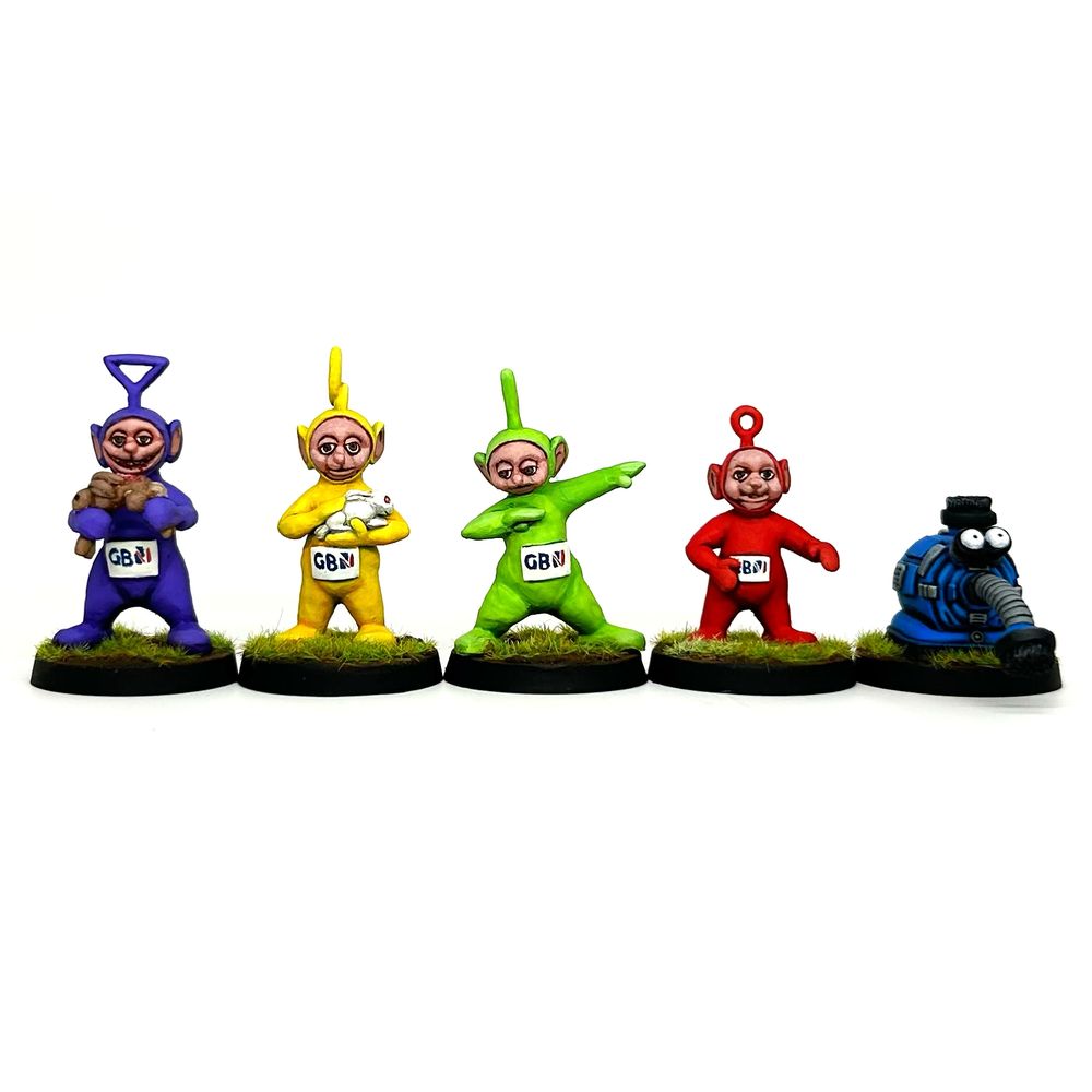 Evil Teletubbies with the GB News logo on their bellies. 