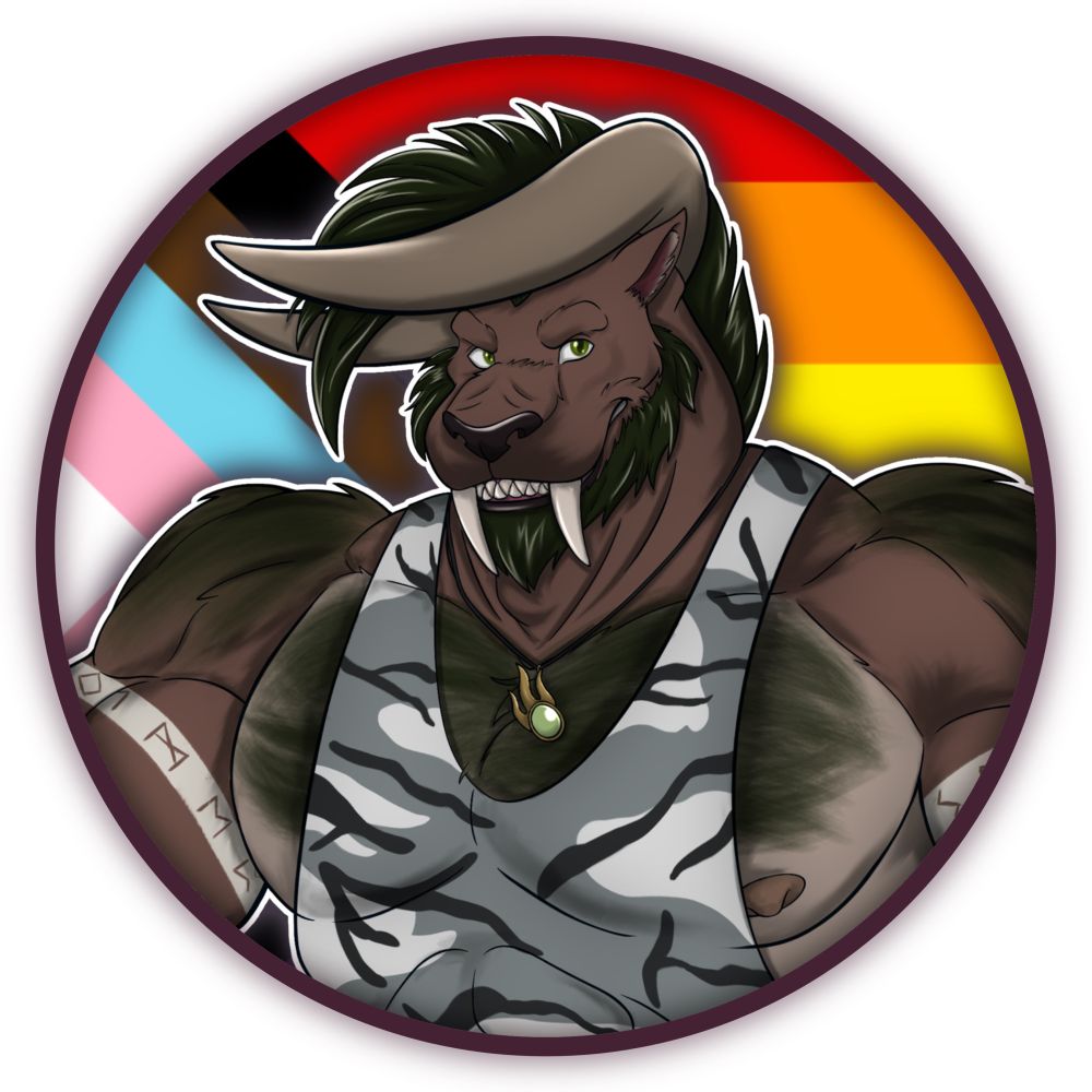 Pride themed icon of a burly athropomorphic behemoth beast. 