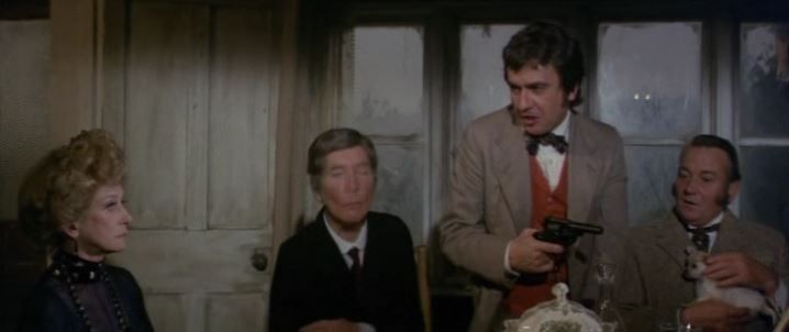 Some of the cast of Hound of the Baskervilles (1978) including Kenneth Williams, Dudley Moore and Denholm Elliot.