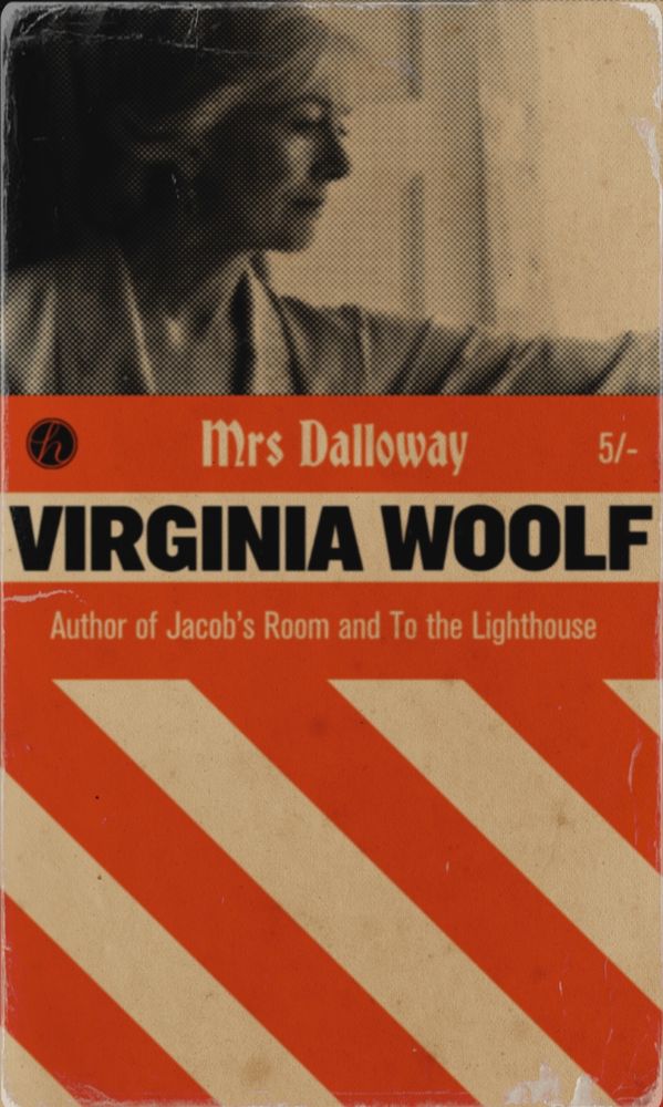 A fake cover of Mrs Dalloway styled after the 1966 Penguin paperback of Funeral in Berlin by Len Deighton. There is a heavily screened black and white photo of Vanessa Redgrave. Orange stripes.
