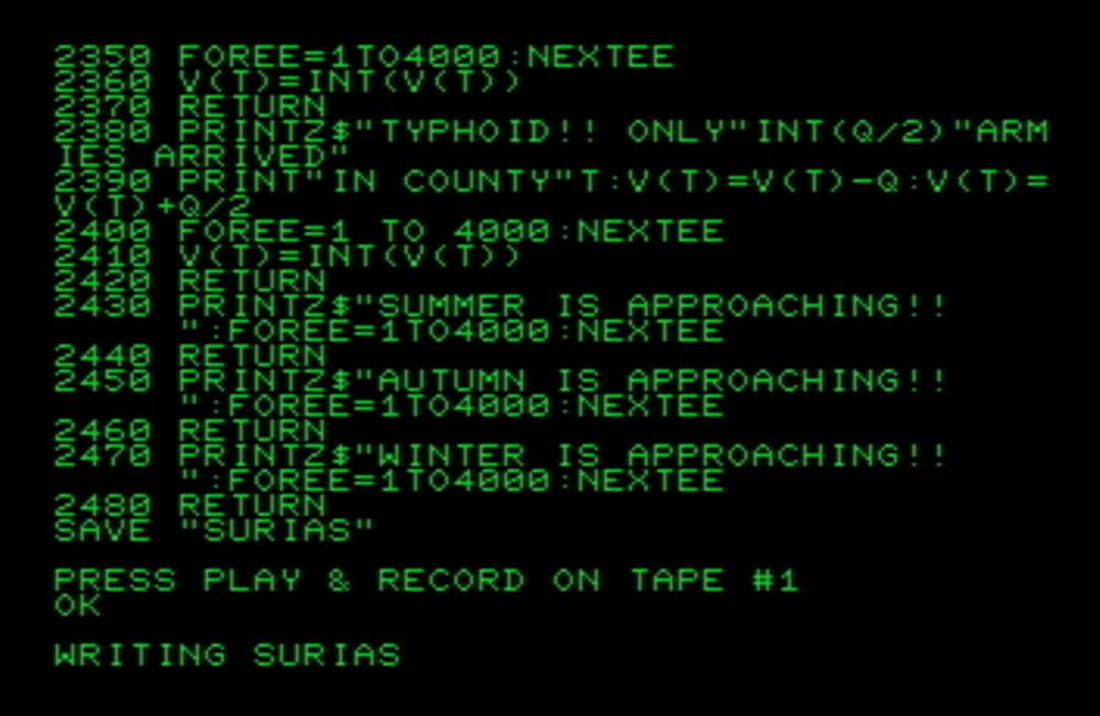 A screenshot of a BASIC program listing for a game, being saved in a Commodore PET emulator. Fake green screen CRT.
