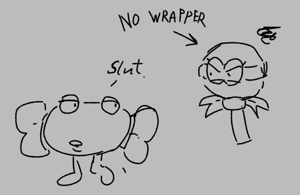 interaction of the lollipop and candy confectis. Candy is calling her a slut due to her not having any wrapping on. wow.