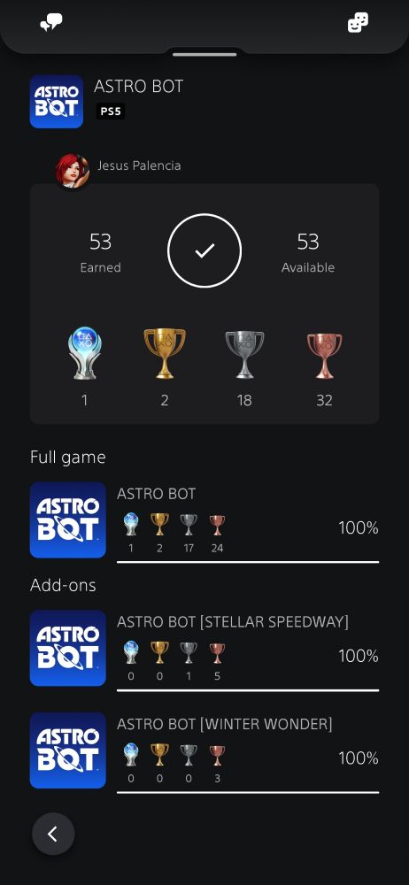 Trophy display on the PlayStation App. Shows 100% of trophies completed for Astro Bot.