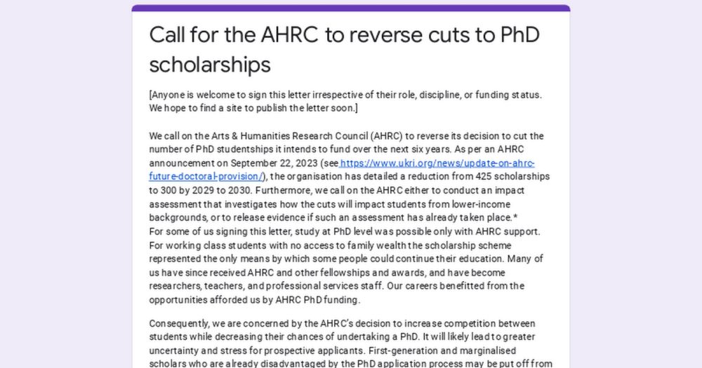 Call for the AHRC to reverse cuts to PhD scholarships