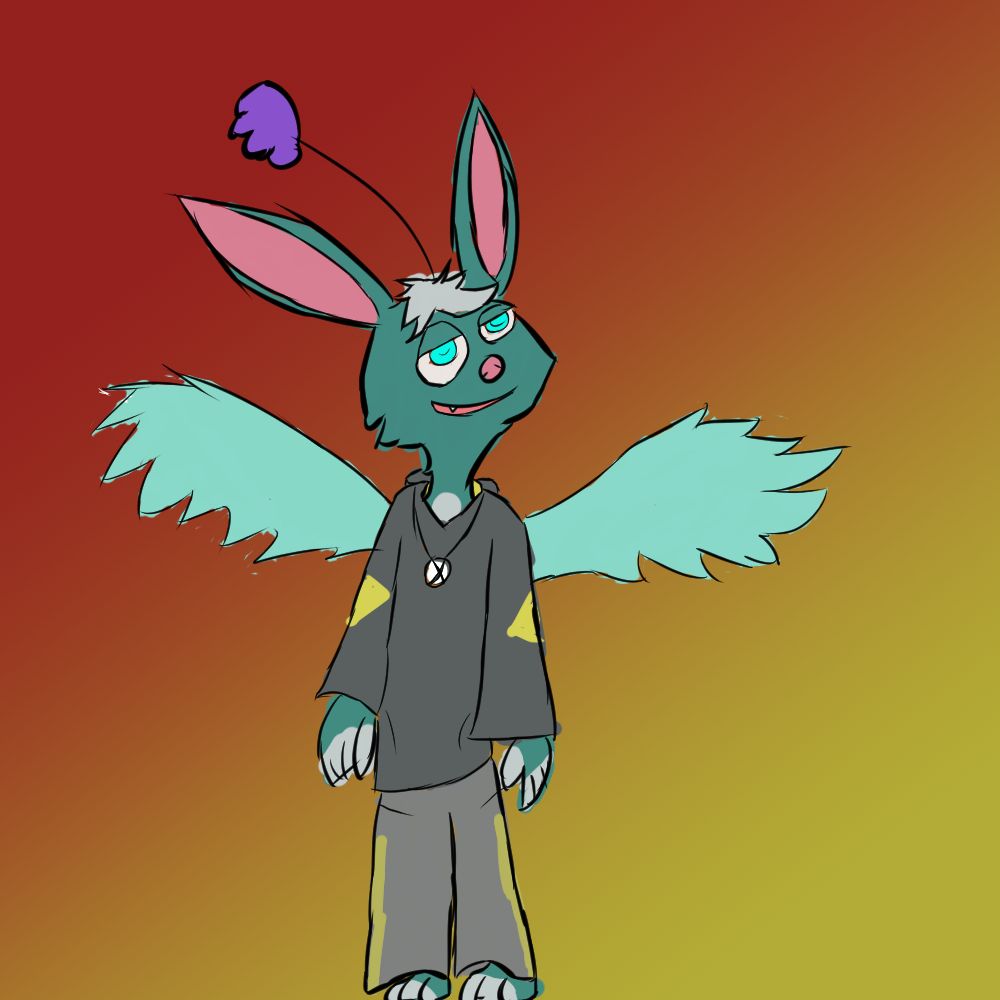 A moogle with bird wings on his back wearing athletic clothing and with a purple pom. White materia wrapped around his neck. 