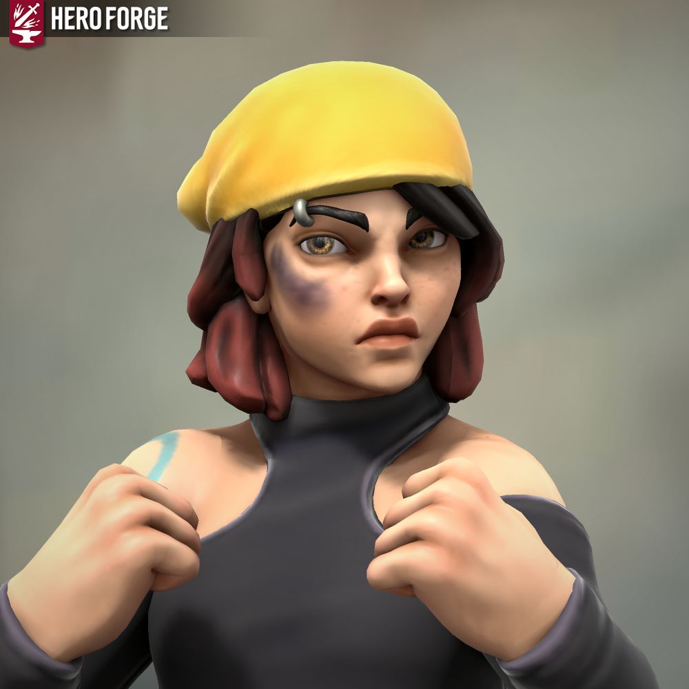 a heroforge of a young woman stood in a fighting stance shown from the torso up. Her eyes are a light yellow borwn and she has reddish brown hair worn under a yellow bandana. a swirl of blue can be seen on her shoulder and there is a fresh bruise on her right cheek. her expression is determined.