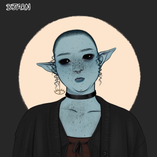 a picrew of a fat blue skinned elf with freckled skin, solid black eyes and a shaved head. they are dressed simply, layers of loose black clothing over a brown undershirt with a black fabric choker, septum ring and eye shaped earring hanging from one ear