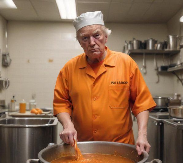 An AI image of Donald J. Trump wearing orange prison clothing and a white cap as he stirs a large kettle of beans in a prison kitchen.