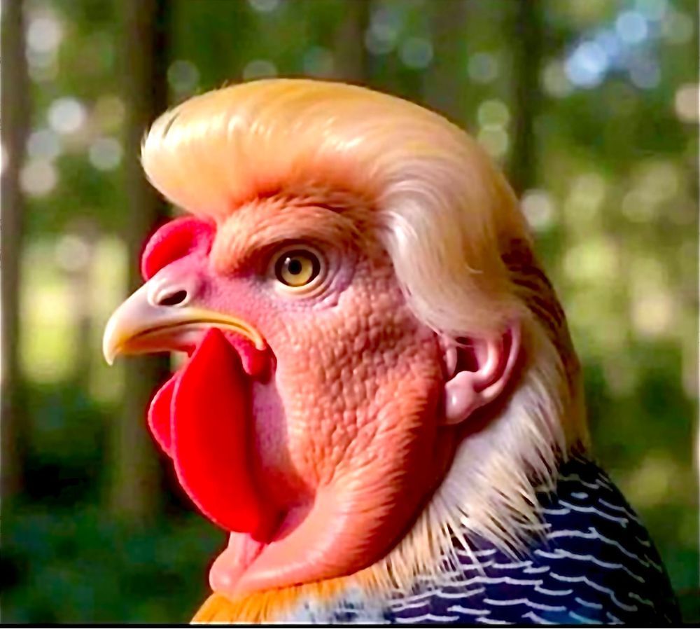 An AI image of a chicken in profile that bears a striking resemblance to Donald J. Trump.
